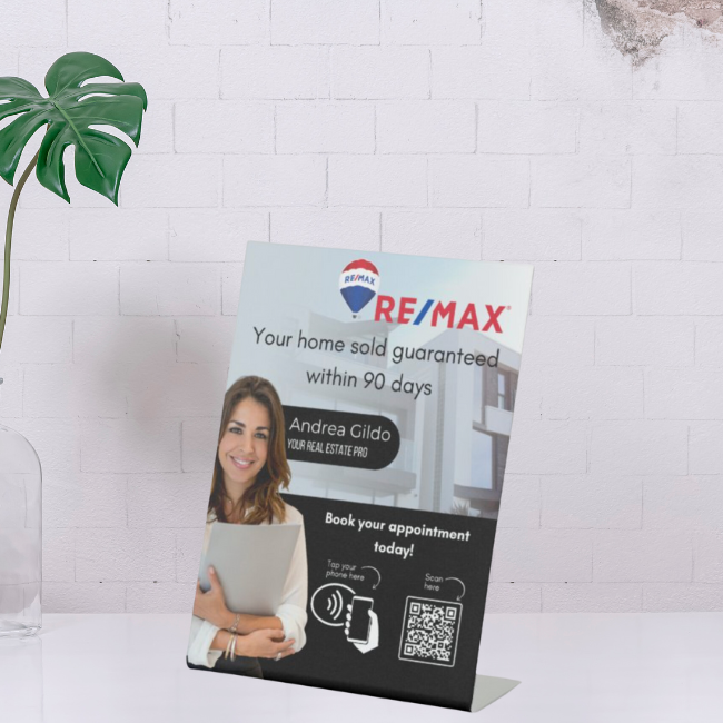 A smart business flyer stand for realtors featuring the Connex Pro Stand, with a digital business card and QR code integration.